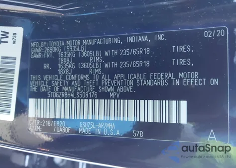 2020 Toyota Highlander Xle из США, поврежденный, VIN 5TDGZRBH4LS508176